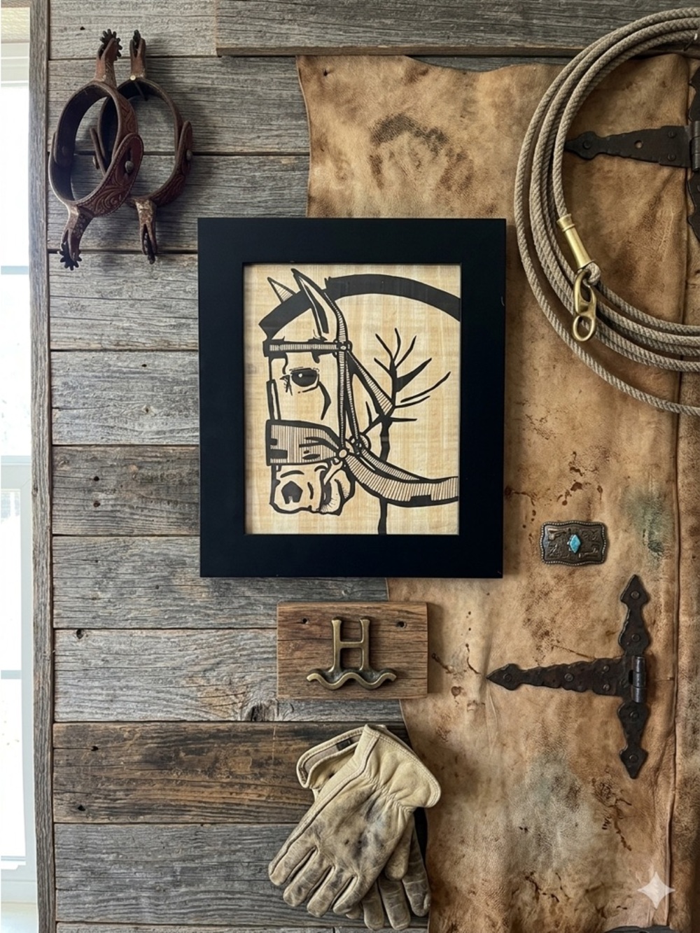 Hand Illustrated Horse Ink on Papyrus Double Glass Frame Equine Ranch Farmhouse
